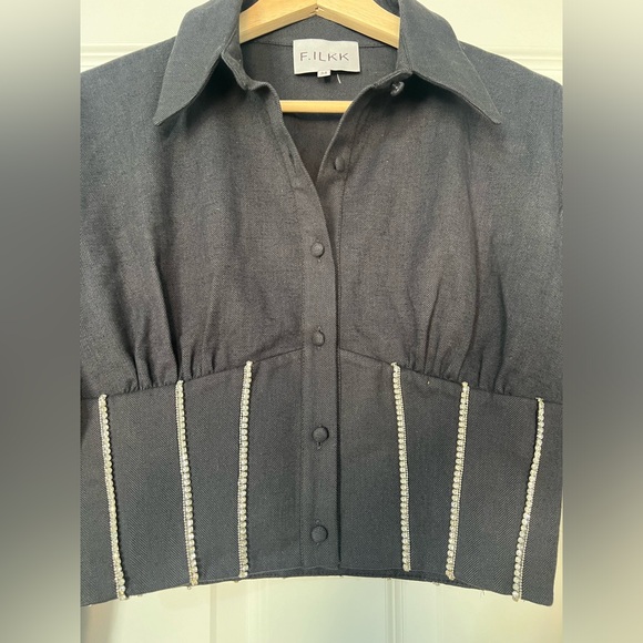 FILKK. ANTHRACITE HERRINGBONE RHINESTONE CORSET CROPPED JACKET - Picture 7 of 9